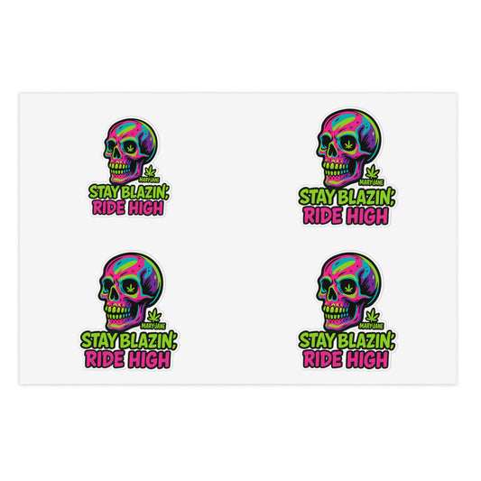 Mary-Jane “Stay Blazin’, Ride High” Neon Skull Bumper Sticker – Graffiti Vibes for Bold Cannabis Lovers, Vibrant Sticker Sheet Bundle | Stay Blazin Ride High, Vinyl Decals for Decor, Journals, Laptops, Festival Gear, Gifts