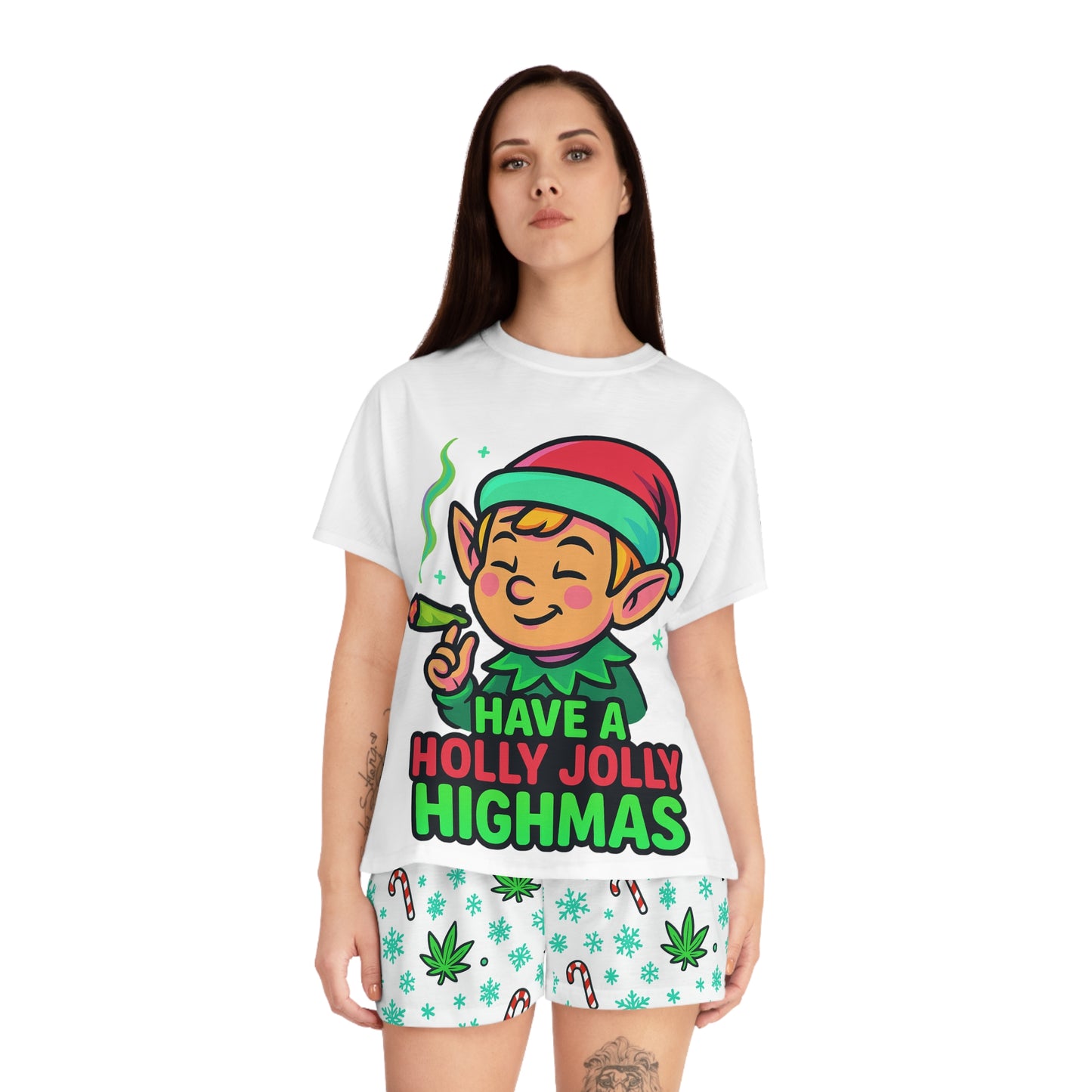 Holly Jolly Highmas Weed Christmas Pajama Set – Stoner Elf Matching Holiday PJs