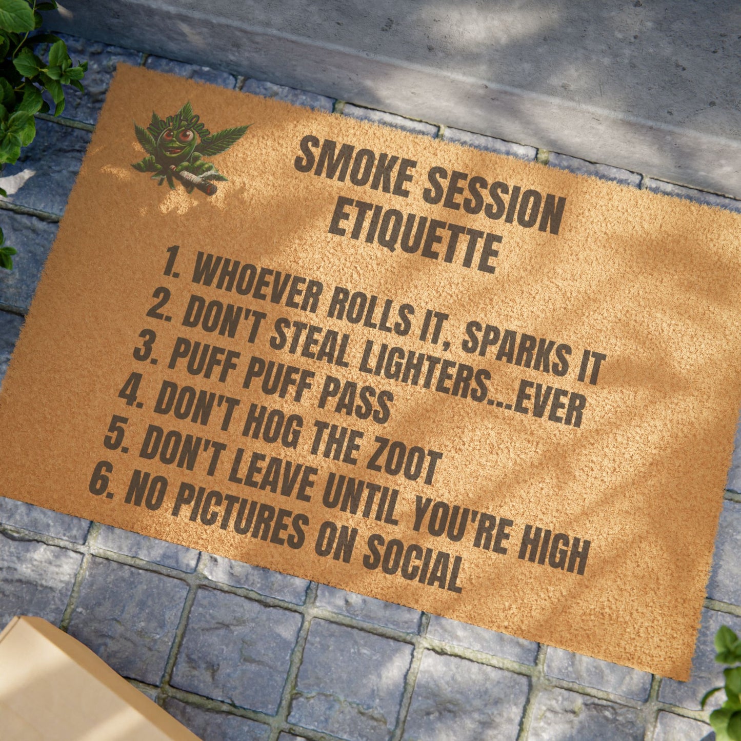 Smoke Session Etiquette Doormat – Funny Stoner Welcome Mat | Weed Decor for Porch, Patio, or Smoke Room | Mary-Jane Cannabis Gift Idea