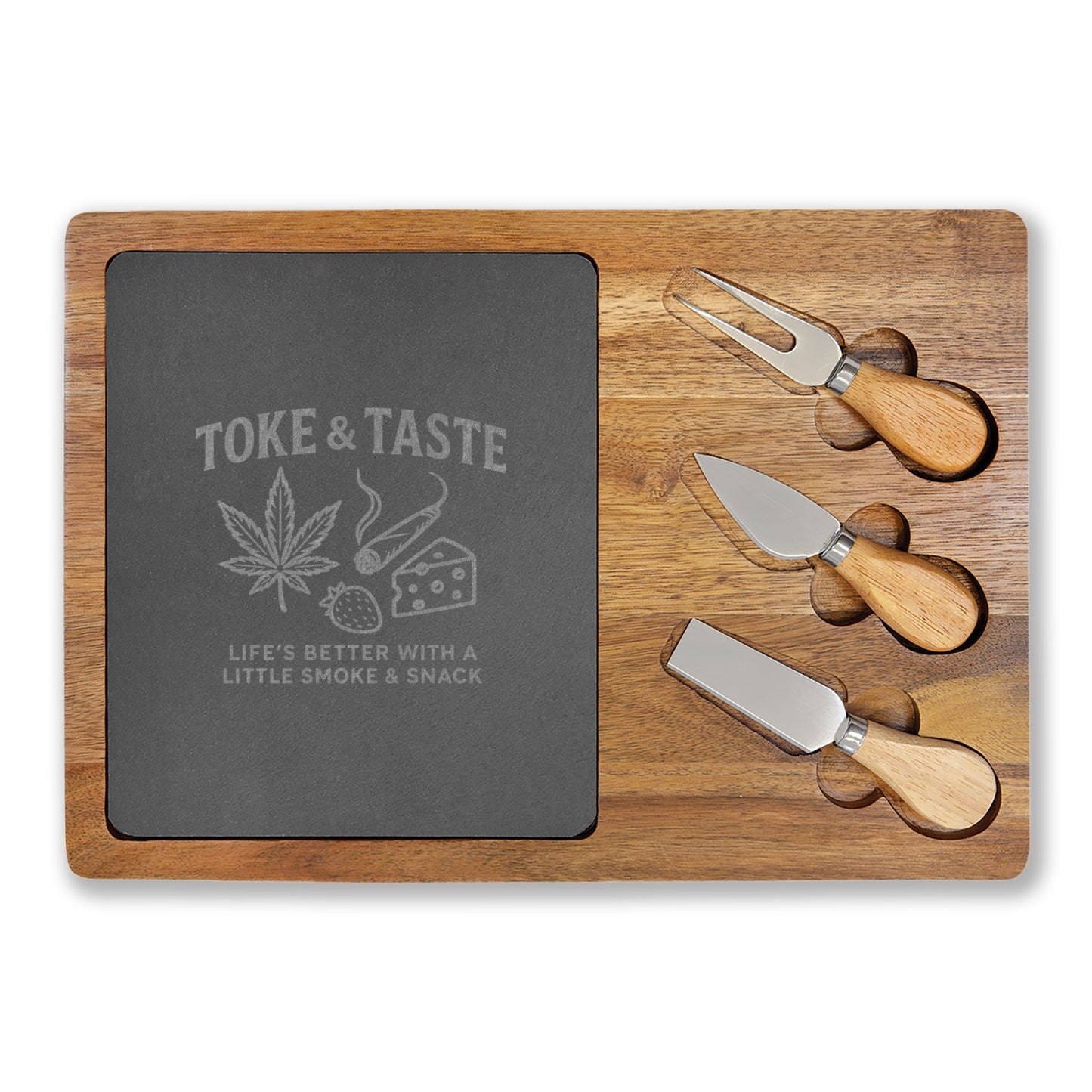 Toke & Taste Charcuterie Board – Engraved Cannabis-Inspired Serving Board - Perfect for Gatherings & Celebrations