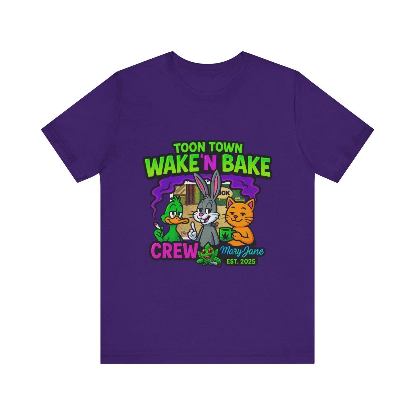 Toon Town Wake ’N Bake Crew T-Shirt | Funny Cartoon Stoner Tee by Mary-Jane EST. 2025