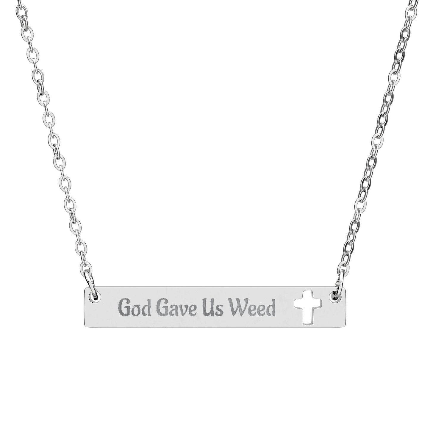 God Gave Us Weed Bar Necklace – Gold Stainless Steel Cannabis Faith Jewelry - Engraved Cutout Cross Bar Necklace - God Gave Us Weed Jewelry