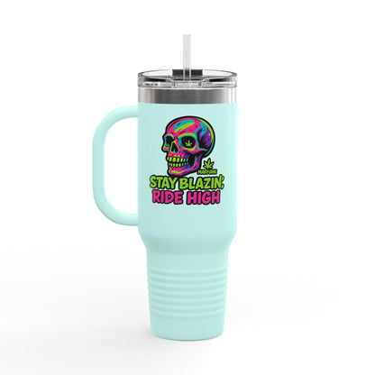 Insulated Travel Mug, Stay Blazin' Ride High Skull Design, 40oz Coffee Cup, Perfect for Cannabis Lovers, Fun Gift for Birthdays, Road Trips
