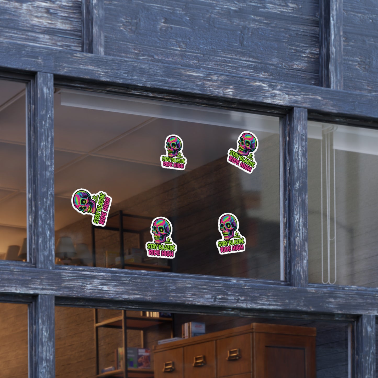 Mary-Jane “Stay Blazin’, Ride High” Neon Skull Bumper Sticker – Graffiti Vibes for Bold Cannabis Lovers, Vibrant Sticker Sheet Bundle | Stay Blazin Ride High, Vinyl Decals for Decor, Journals, Laptops, Festival Gear, Gifts