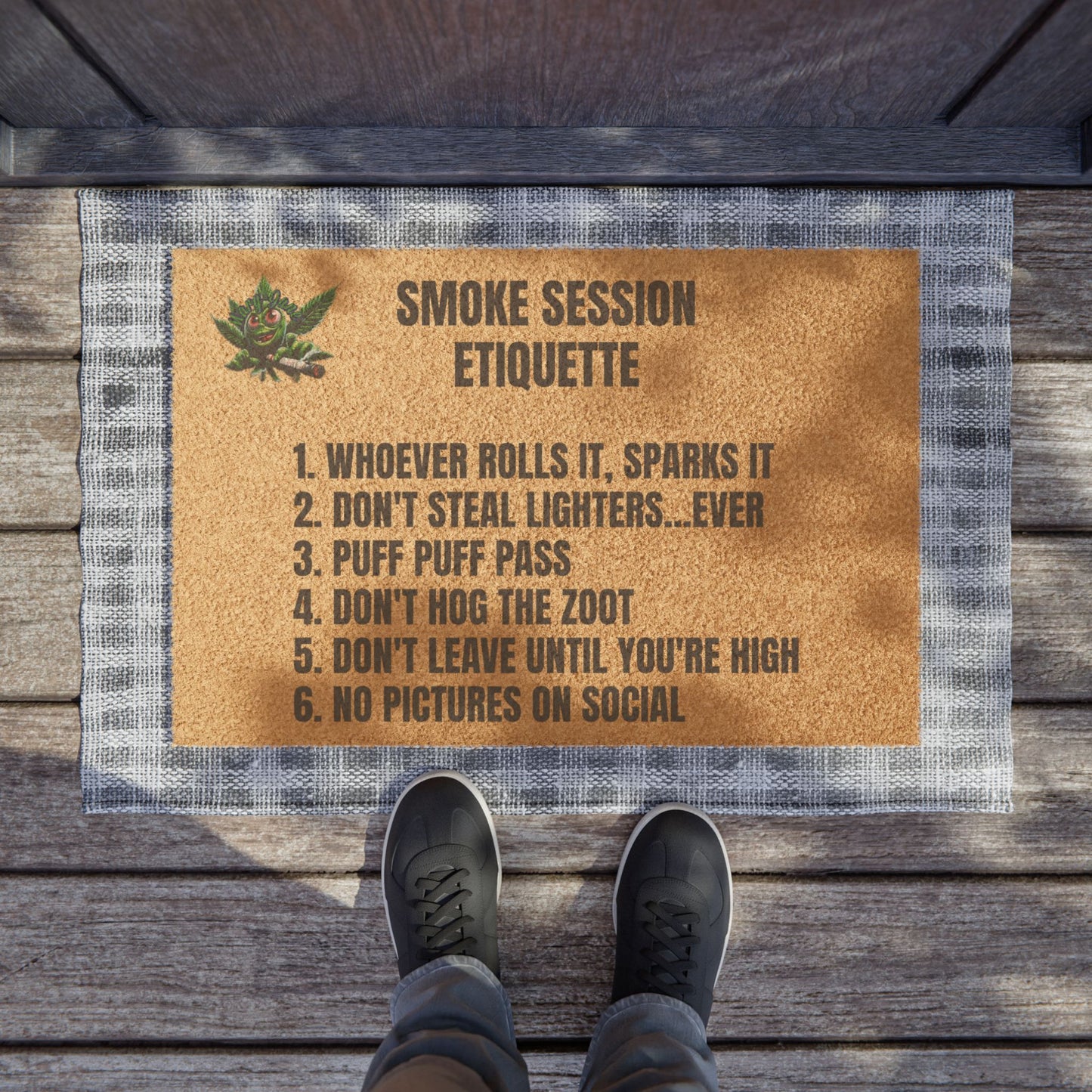Smoke Session Etiquette Doormat – Funny Stoner Welcome Mat | Weed Decor for Porch, Patio, or Smoke Room | Mary-Jane Cannabis Gift Idea