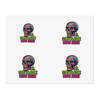 Mary-Jane “Stay Blazin’, Ride High” Neon Skull Bumper Sticker – Graffiti Vibes for Bold Cannabis Lovers, Vibrant Sticker Sheet Bundle | Stay Blazin Ride High, Vinyl Decals for Decor, Journals, Laptops, Festival Gear, Gifts