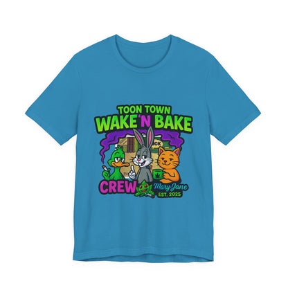 Toon Town Wake ’N Bake Crew T-Shirt | Funny Cartoon Stoner Tee by Mary-Jane EST. 2025