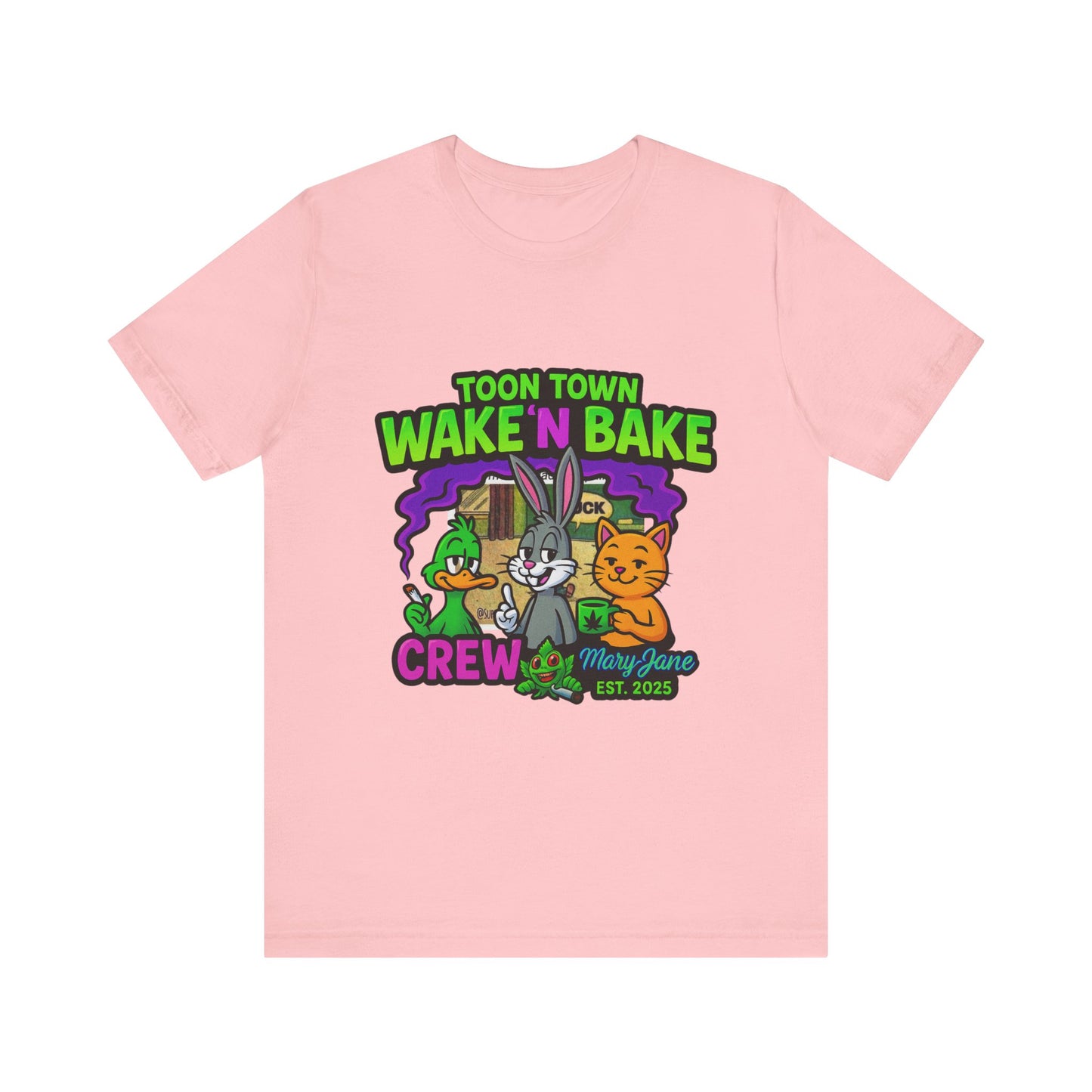 Toon Town Wake ’N Bake Crew T-Shirt | Funny Cartoon Stoner Tee by Mary-Jane EST. 2025