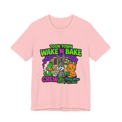Toon Town Wake ’N Bake Crew T-Shirt | Funny Cartoon Stoner Tee by Mary-Jane EST. 2025