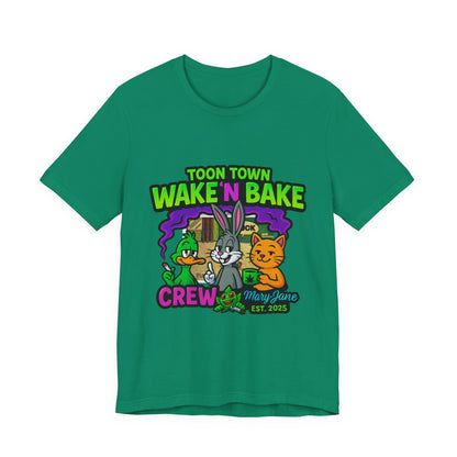 Toon Town Wake ’N Bake Crew T-Shirt | Funny Cartoon Stoner Tee by Mary-Jane EST. 2025