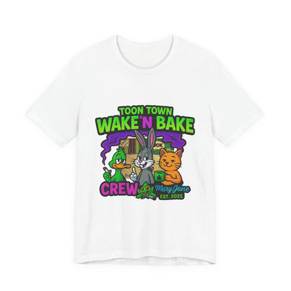 Toon Town Wake ’N Bake Crew T-Shirt | Funny Cartoon Stoner Tee by Mary-Jane EST. 2025