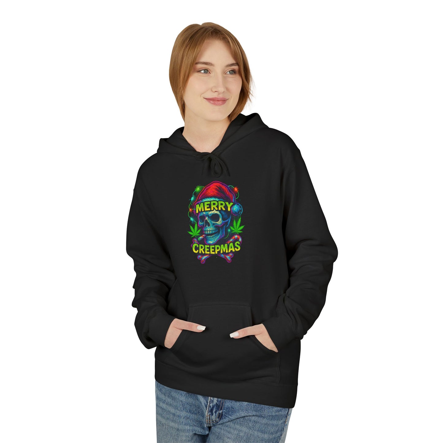 Merry Creepmas Skull Christmas Weed Hoodie | Neon Stoner Holiday Shirt