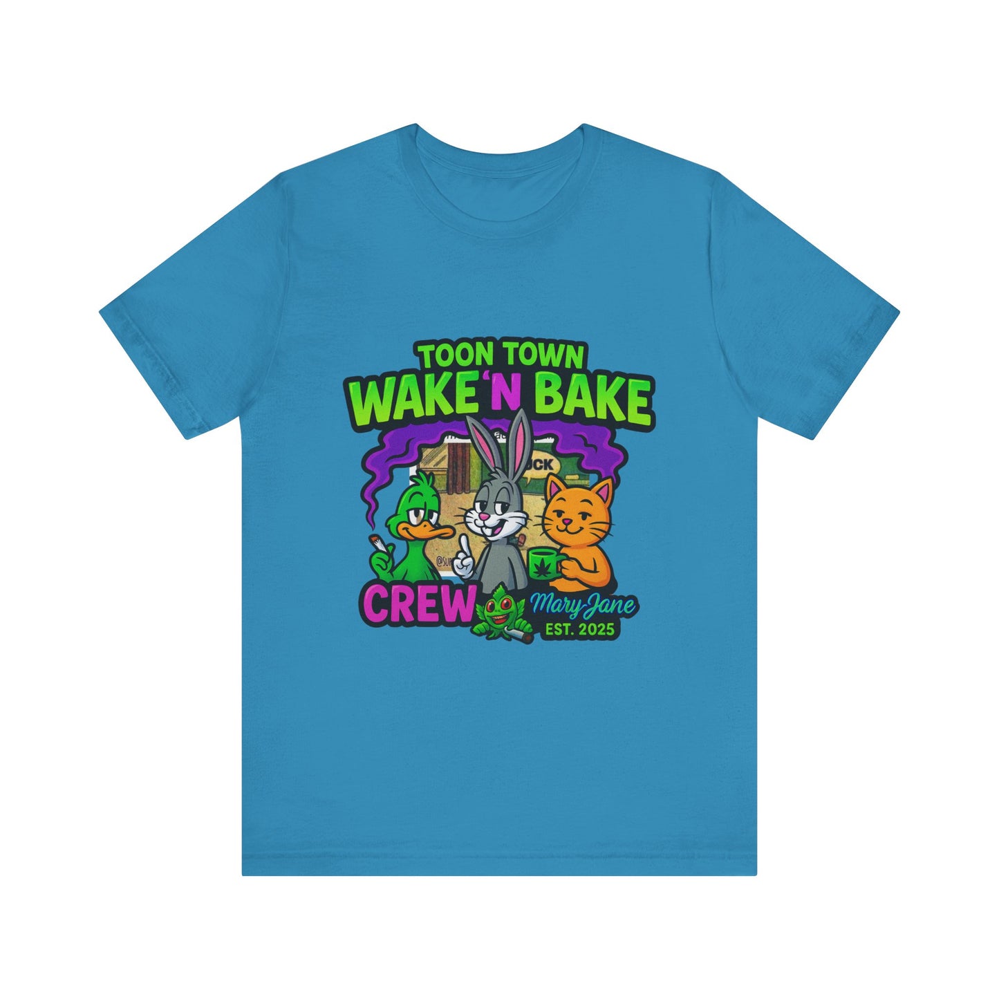 Toon Town Wake ’N Bake Crew T-Shirt | Funny Cartoon Stoner Tee by Mary-Jane EST. 2025