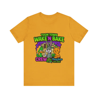 Toon Town Wake ’N Bake Crew T-Shirt | Funny Cartoon Stoner Tee by Mary-Jane EST. 2025