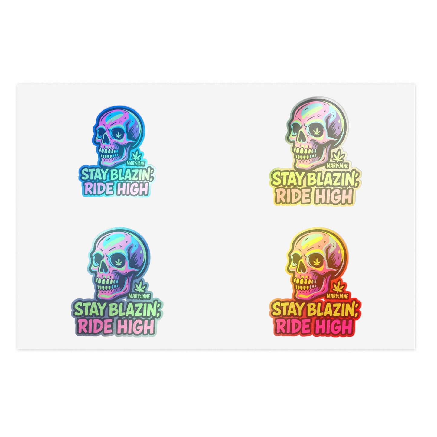 Mary-Jane “Stay Blazin’, Ride High” Neon Skull Bumper Sticker – Graffiti Vibes for Bold Cannabis Lovers, Vibrant Sticker Sheet Bundle | Stay Blazin Ride High, Vinyl Decals for Decor, Journals, Laptops, Festival Gear, Gifts