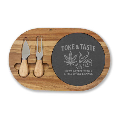 Toke & Taste Charcuterie Board – Engraved Cannabis-Inspired Serving Board - Perfect for Gatherings & Celebrations