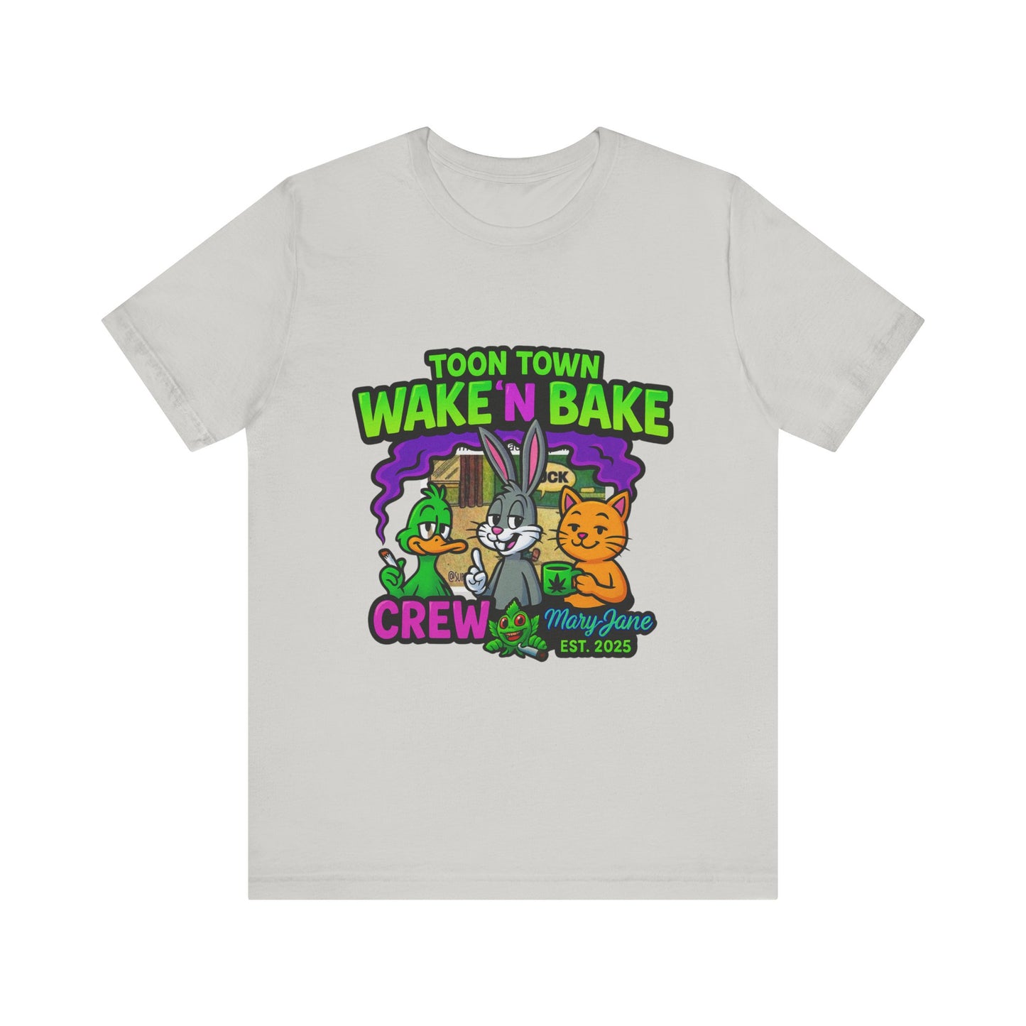 Toon Town Wake ’N Bake Crew T-Shirt | Funny Cartoon Stoner Tee by Mary-Jane EST. 2025