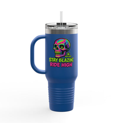 Insulated Travel Mug, Stay Blazin' Ride High Skull Design, 40oz Coffee Cup, Perfect for Cannabis Lovers, Fun Gift for Birthdays, Road Trips