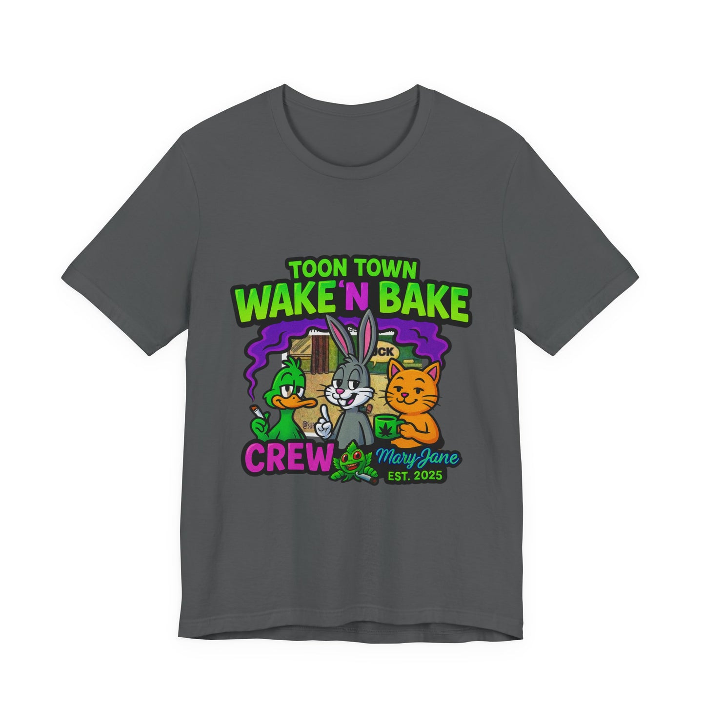 Toon Town Wake ’N Bake Crew T-Shirt | Funny Cartoon Stoner Tee by Mary-Jane EST. 2025
