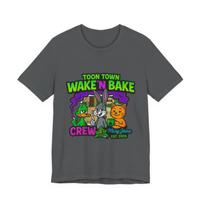 Toon Town Wake ’N Bake Crew T-Shirt | Funny Cartoon Stoner Tee by Mary-Jane EST. 2025