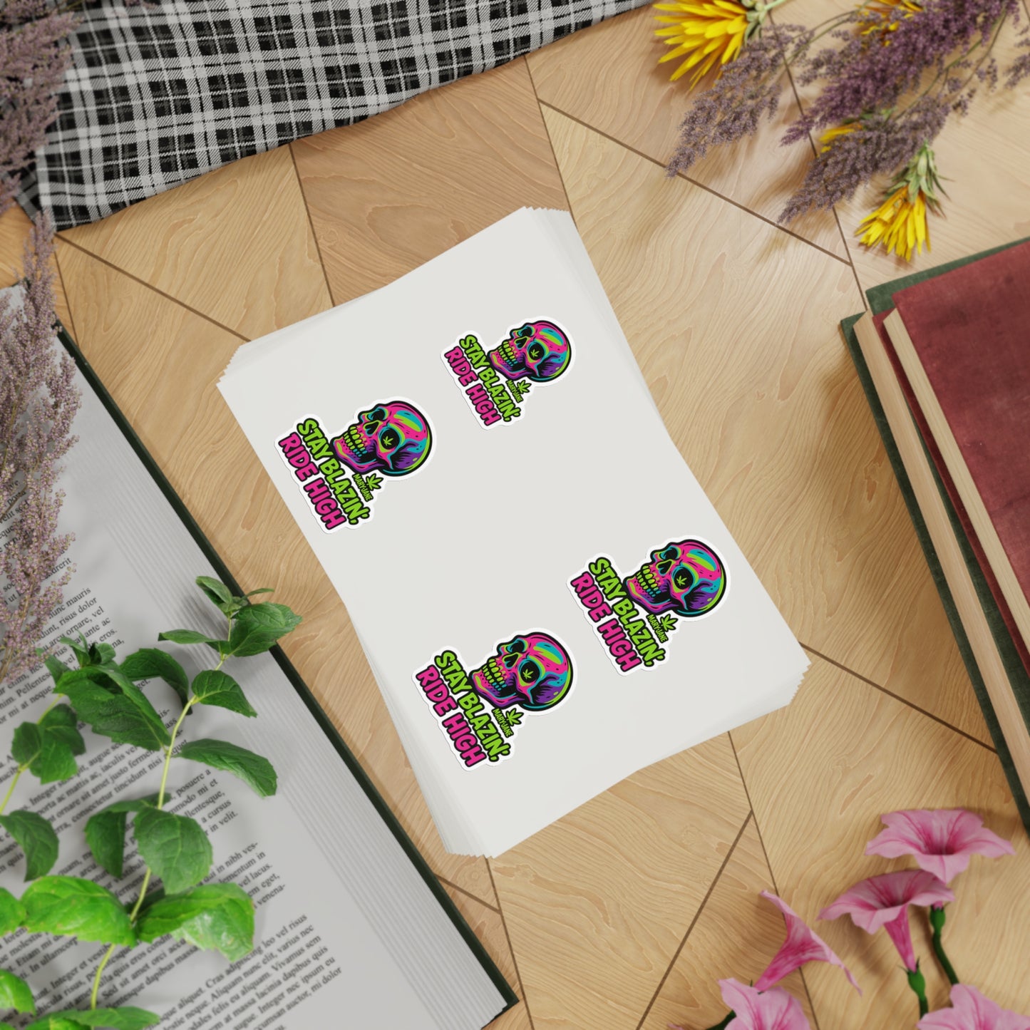 Mary-Jane “Stay Blazin’, Ride High” Neon Skull Bumper Sticker – Graffiti Vibes for Bold Cannabis Lovers, Vibrant Sticker Sheet Bundle | Stay Blazin Ride High, Vinyl Decals for Decor, Journals, Laptops, Festival Gear, Gifts