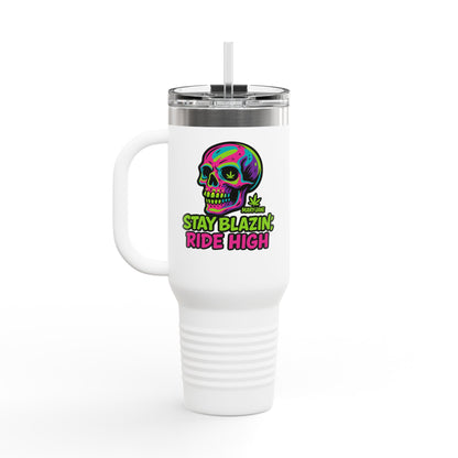 Insulated Travel Mug, Stay Blazin' Ride High Skull Design, 40oz Coffee Cup, Perfect for Cannabis Lovers, Fun Gift for Birthdays, Road Trips