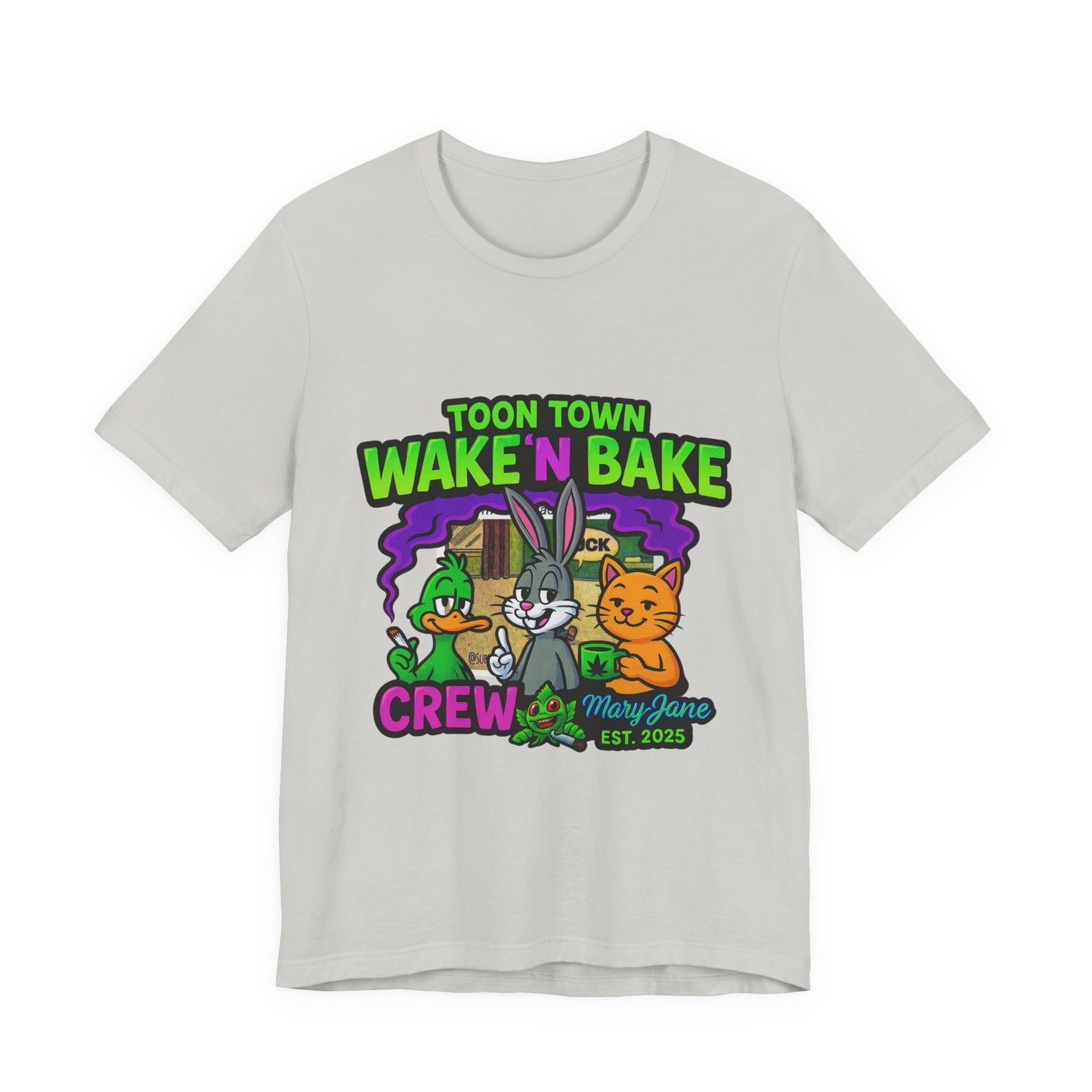 Toon Town Wake ’N Bake Crew T-Shirt | Funny Cartoon Stoner Tee by Mary-Jane EST. 2025