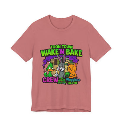 Toon Town Wake ’N Bake Crew T-Shirt | Funny Cartoon Stoner Tee by Mary-Jane EST. 2025