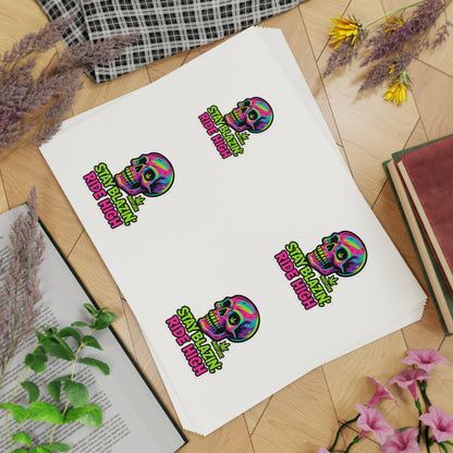 Mary-Jane “Stay Blazin’, Ride High” Neon Skull Bumper Sticker – Graffiti Vibes for Bold Cannabis Lovers, Vibrant Sticker Sheet Bundle | Stay Blazin Ride High, Vinyl Decals for Decor, Journals, Laptops, Festival Gear, Gifts