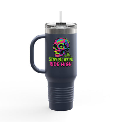 Insulated Travel Mug, Stay Blazin' Ride High Skull Design, 40oz Coffee Cup, Perfect for Cannabis Lovers, Fun Gift for Birthdays, Road Trips