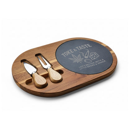 Toke & Taste Charcuterie Board – Engraved Cannabis-Inspired Serving Board - Perfect for Gatherings & Celebrations