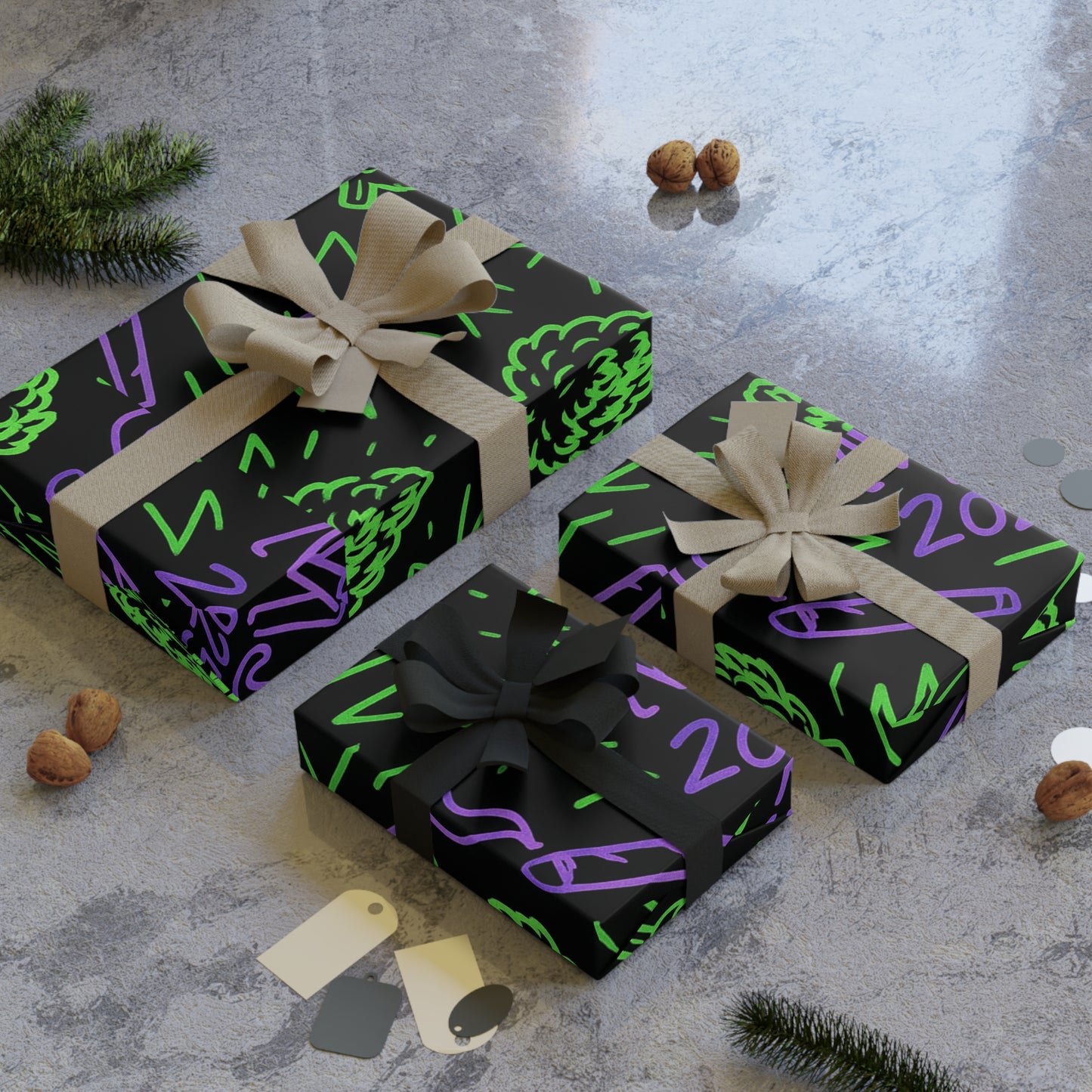 Neon Graffiti Cannabis Wrapping Paper – MJ 2025 Weed Gift Wrap – Black & Green Stoner Pattern