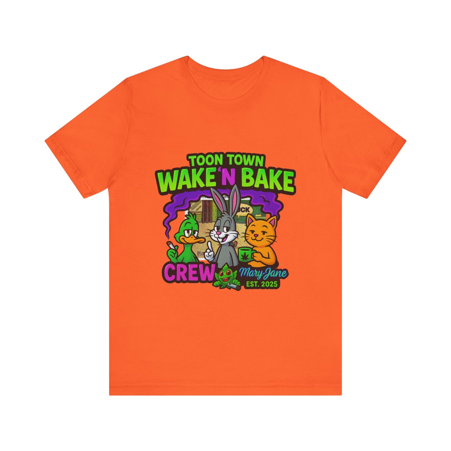 Toon Town Wake ’N Bake Crew T-Shirt | Funny Cartoon Stoner Tee by Mary-Jane EST. 2025