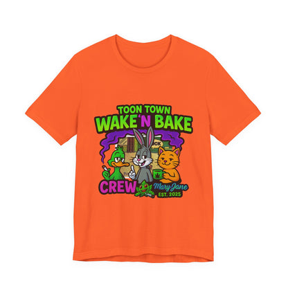 Toon Town Wake ’N Bake Crew T-Shirt | Funny Cartoon Stoner Tee by Mary-Jane EST. 2025