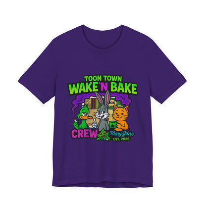 Toon Town Wake ’N Bake Crew T-Shirt | Funny Cartoon Stoner Tee by Mary-Jane EST. 2025